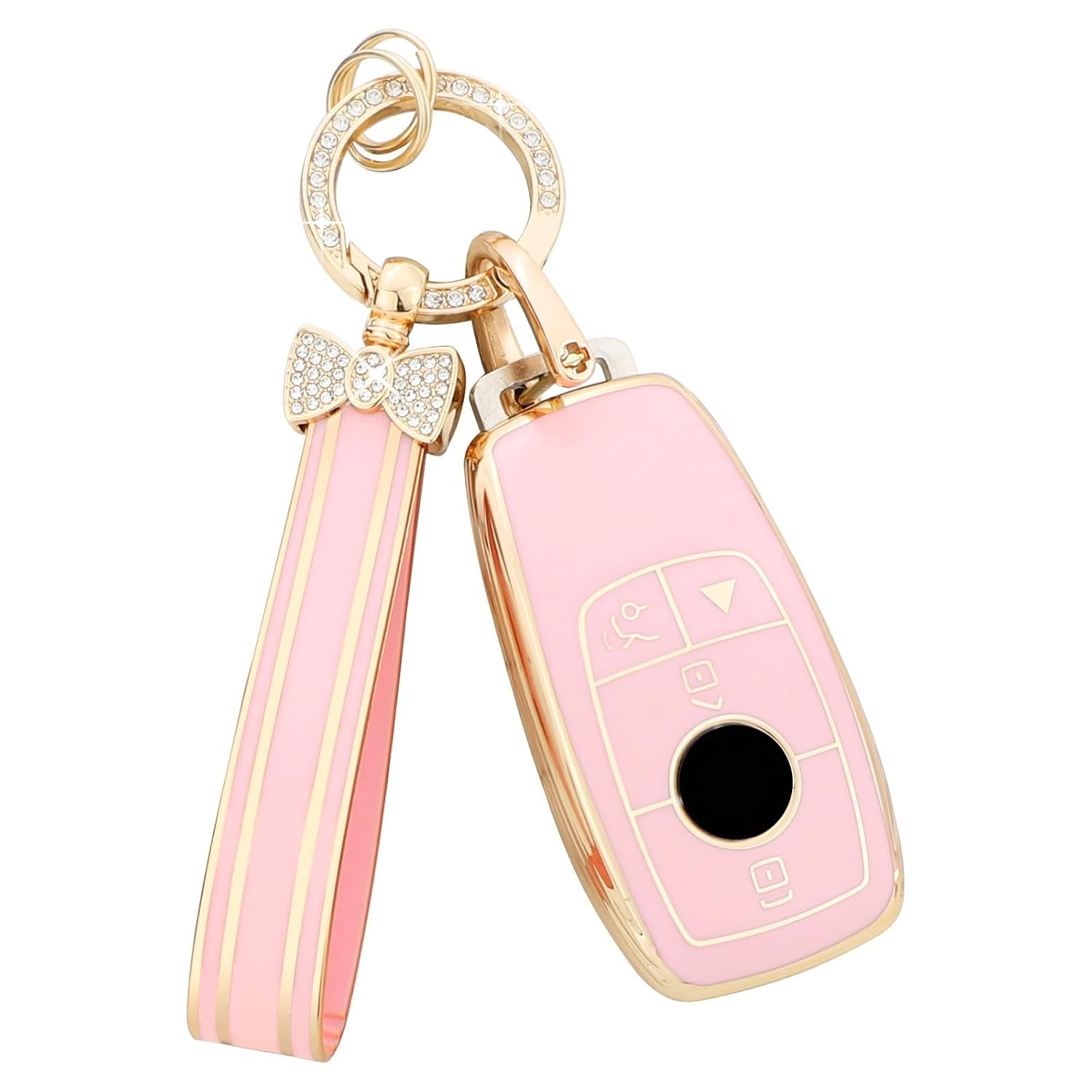PIFOOG Key Fob Cover for Mercedes Benz Pink Gold Bling Keychain 4 Button Car Key