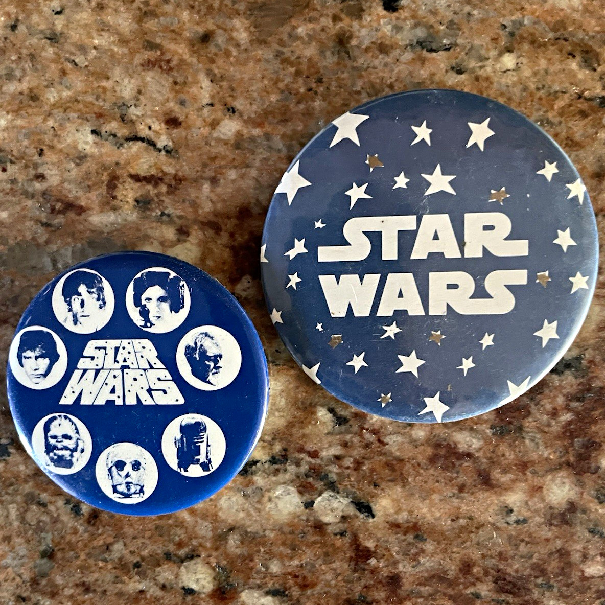 Star Wars Pinback Buttons Lot of 2 Blue Character Faces & Black Star Pattern