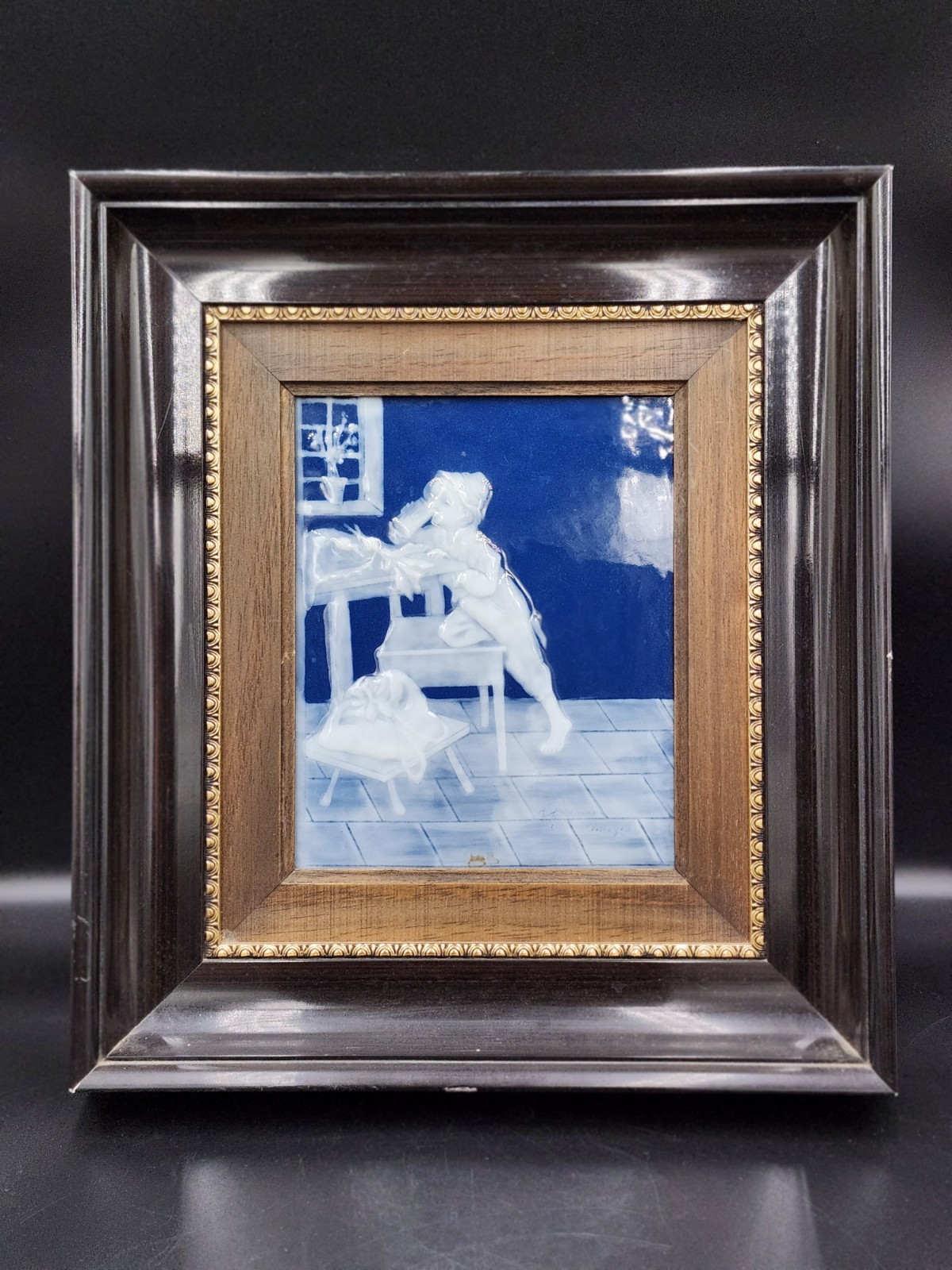 Limoges Pate Sur Pate Plaque France Blue and White Boy At Table Tableau 
