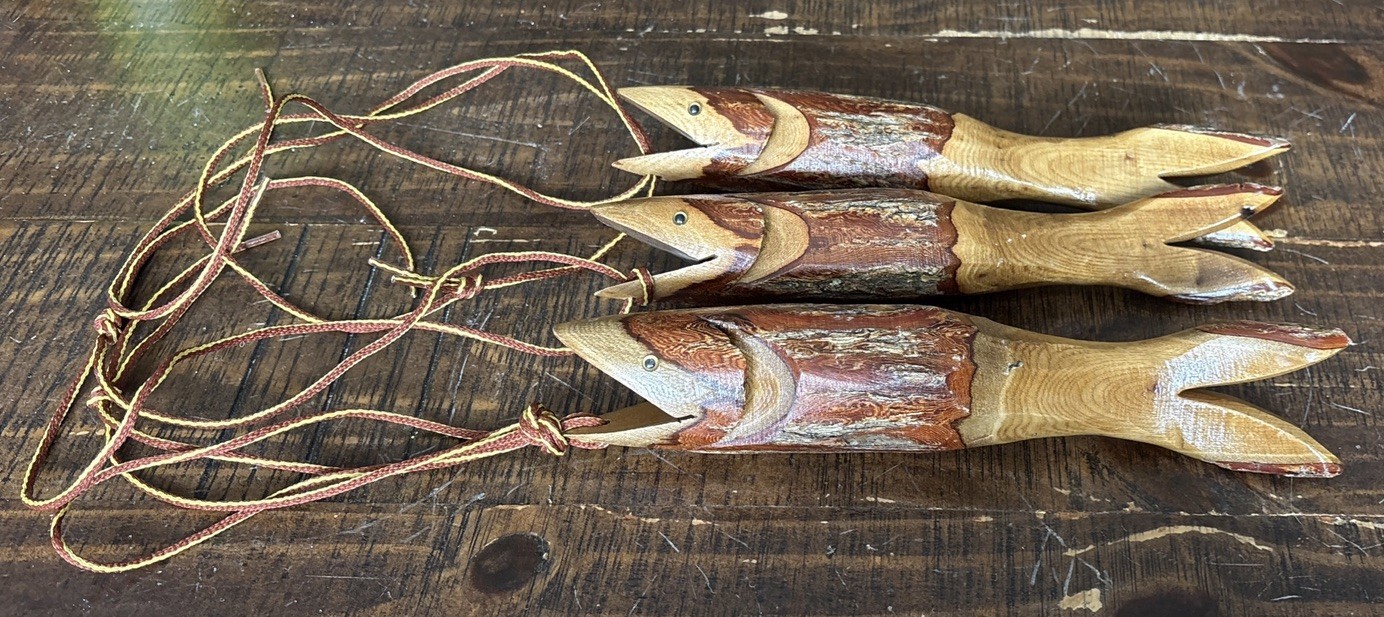 VTG Hand Carved Wood Fish Stringer Lot 3 Cedar Trout Folk Art Cabin Lake