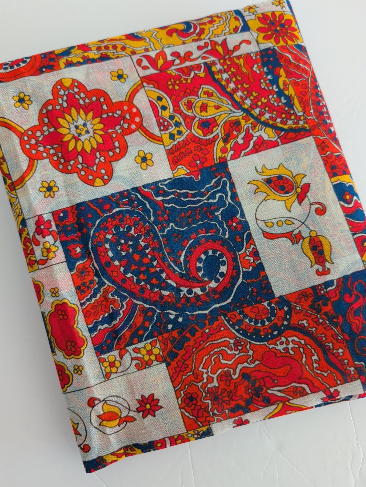 Vtg 1970s Voile Fabric Yardage 4 yds Red Blue Orange Paisley Hippie Semi Sheer