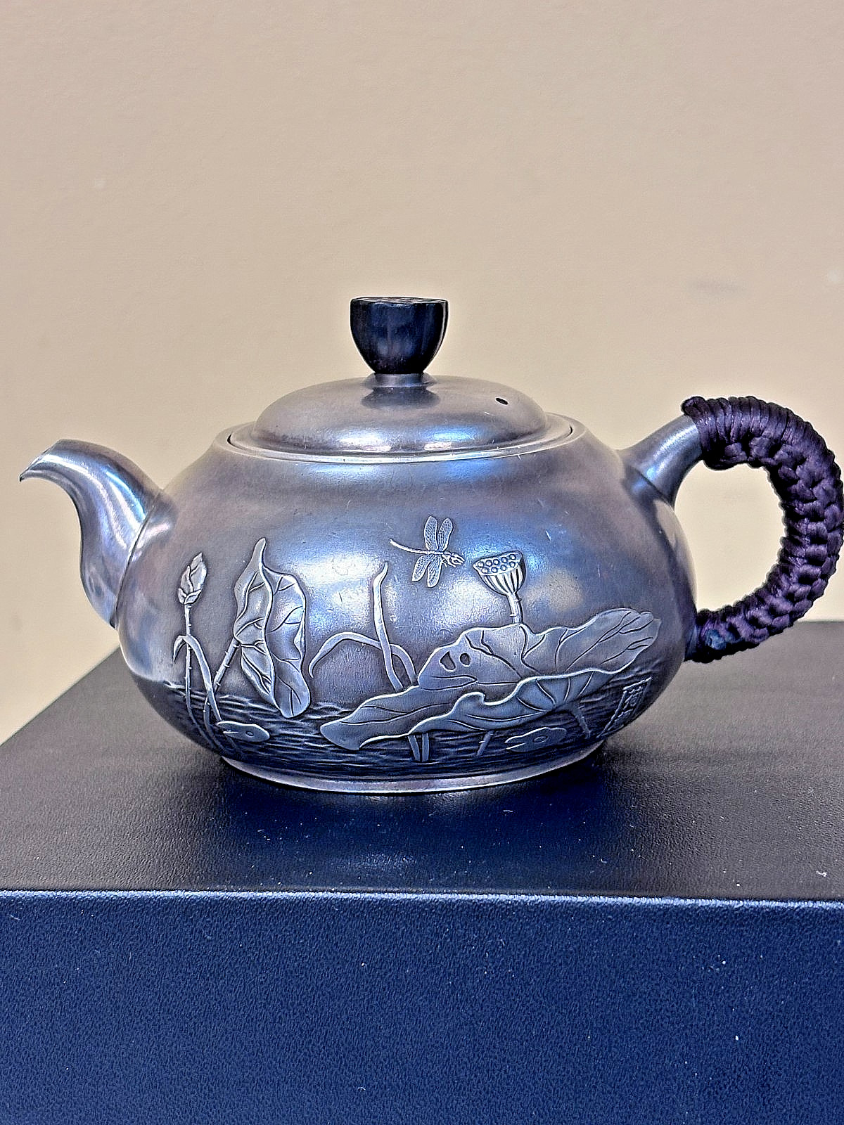 999 Pure Silver Teapot Featuring Embossed Lotus Flower and Dragonfly Design