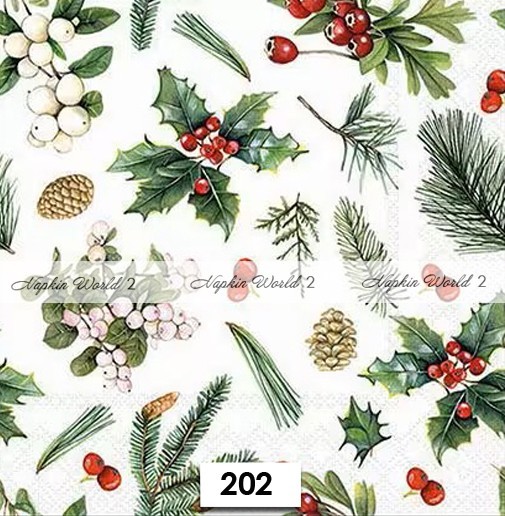 (202) TWO Paper LUNCHEON Decoupage Art Craft Napkins - CHRISTMAS HOLLY BERRIES