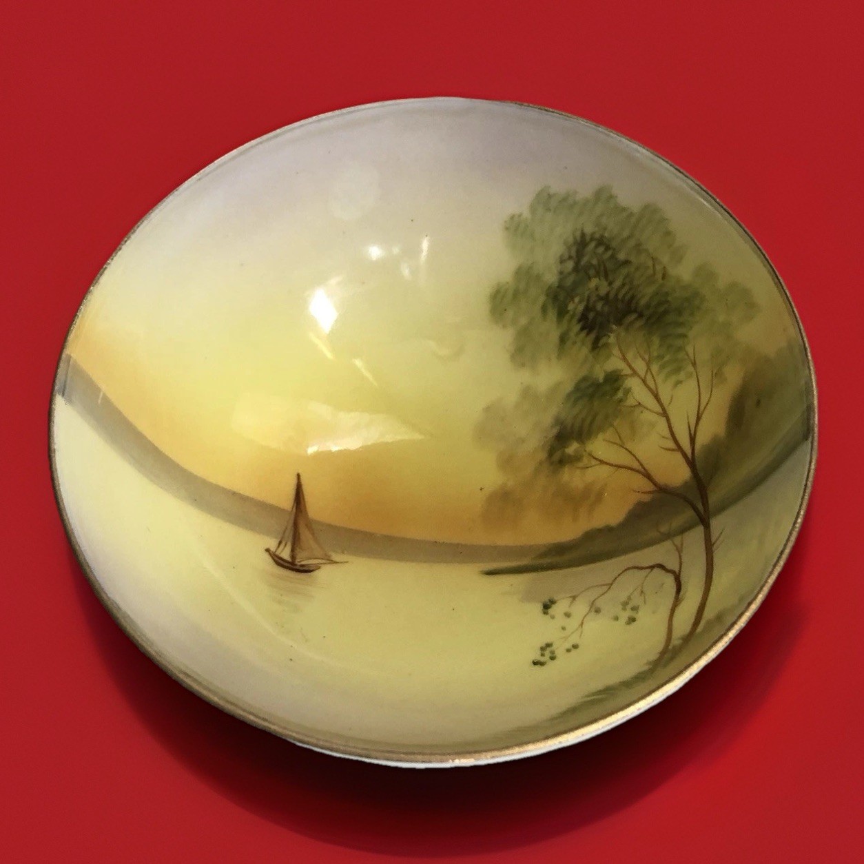 Nippon Footed Bowl Hand Painted Vintage Japan Sailboat Tree Landscapes 1920-1950
