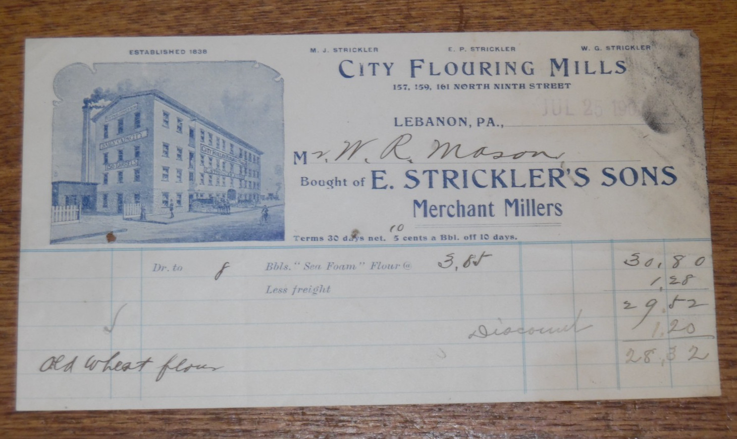 Antique 1903 Billhead Receipt E. Strickler's Sons Merchant Millers Lebanon PA