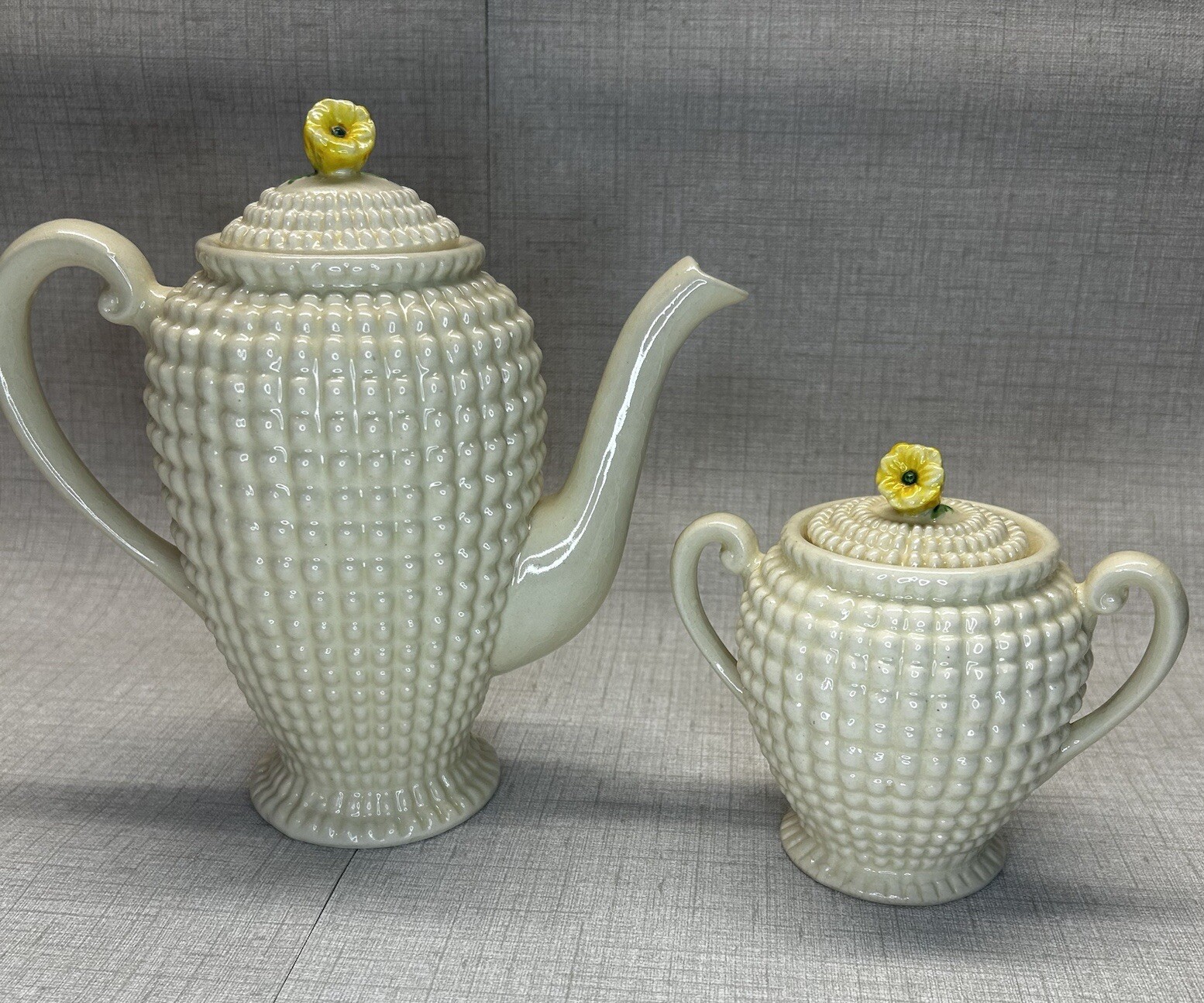 Antique Maruhon Ware Japan Hobnail Coffee Pot & Sugar Bowl Yellow Flower 1920s
