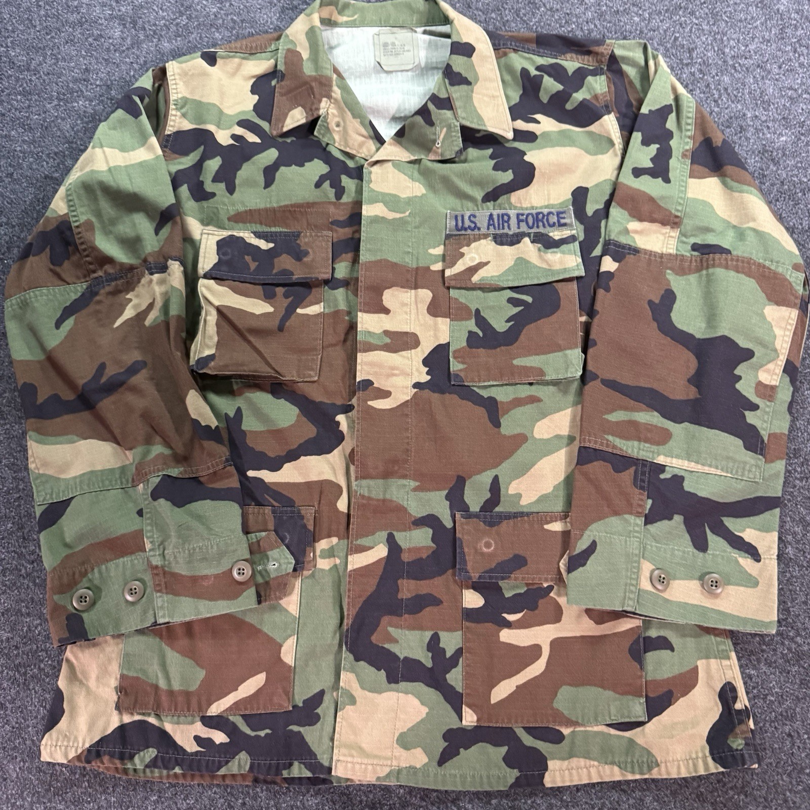 Vintage US Air Force BDU Woodland Camo Combat Coat Large Long 90s Military USAF