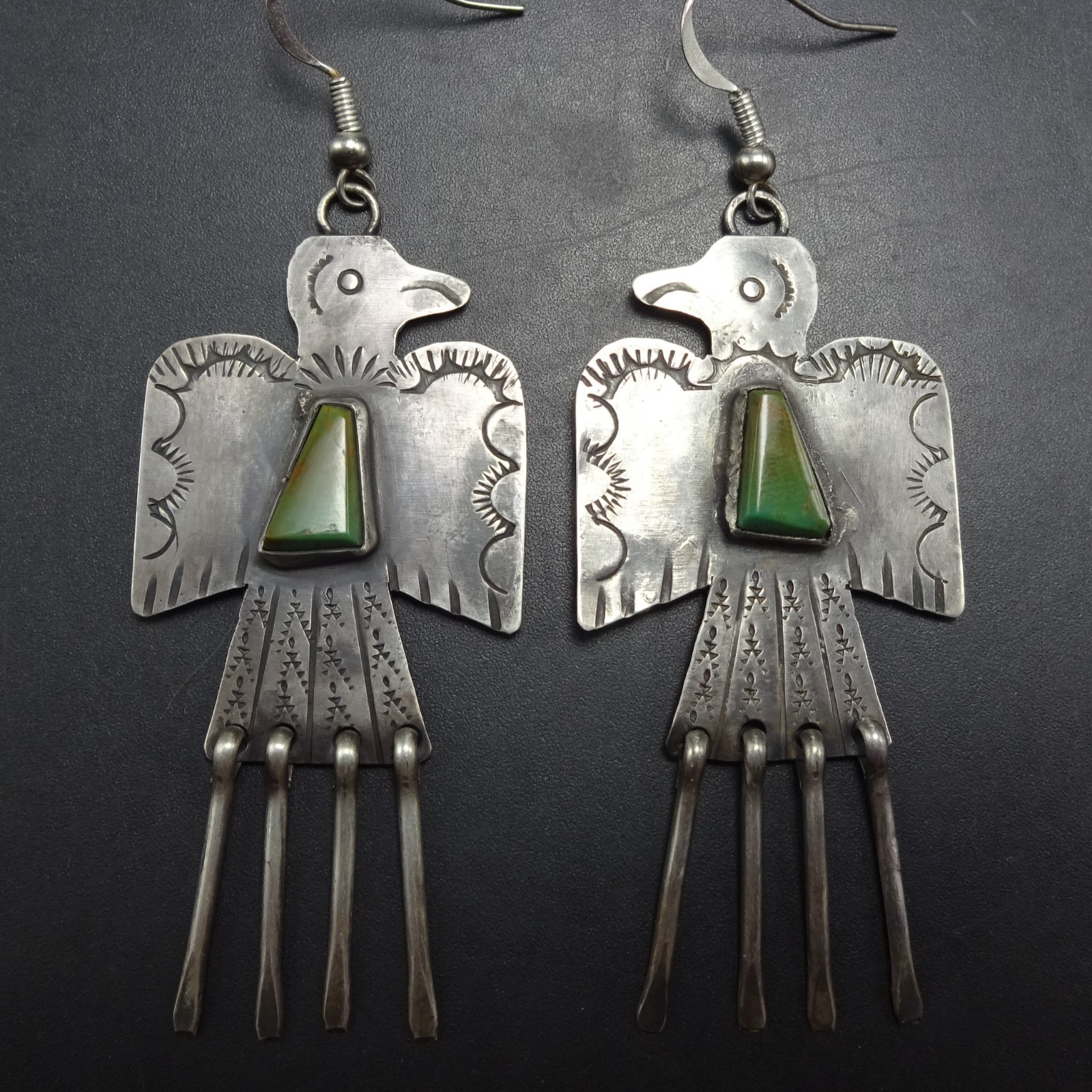 Old Style NAVAJO Hand Stamped Sterling Silver TURQUOISE Thunderbird EARRINGS