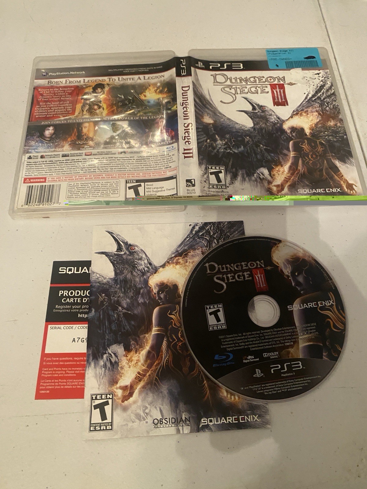 Dungeon Siege III (Sony PlayStation 3, 2011) Complete PS3 Square Enix Game