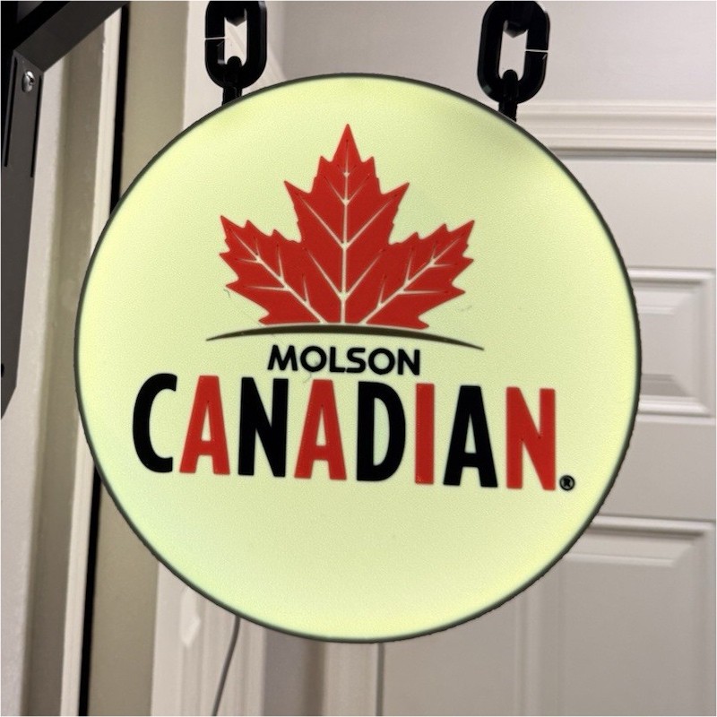 Molson Canadian Round Hanging Lighted Sign w/ Wall Bracket Metal White/Red/Black