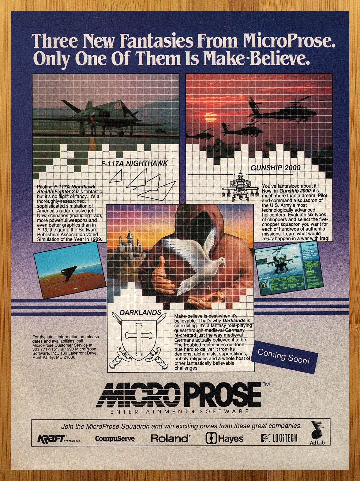 1990 F-117A Nighthawk/Gunship 2000/Darklands PC Print Ad/Poster Computer Games