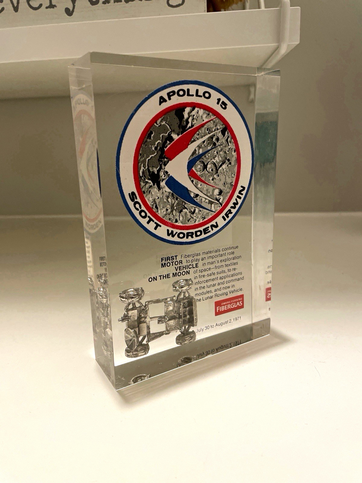 Apollo 15 Mission Patch Display Block w/ Lunar Roving Vehicle Scott Worden 1971