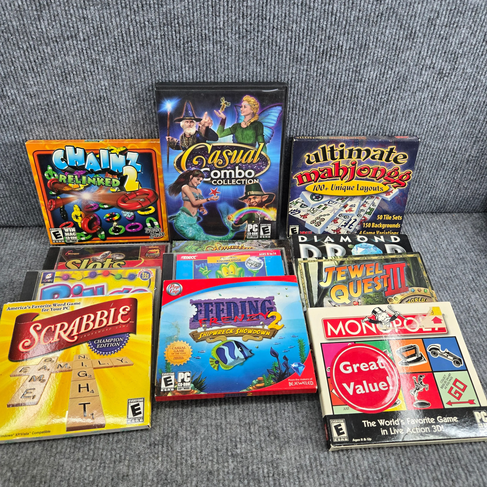 PC CD-ROM Collection Scrabble Monopoly Mahjong Pop Cap Lot of 12 Resurfaced
