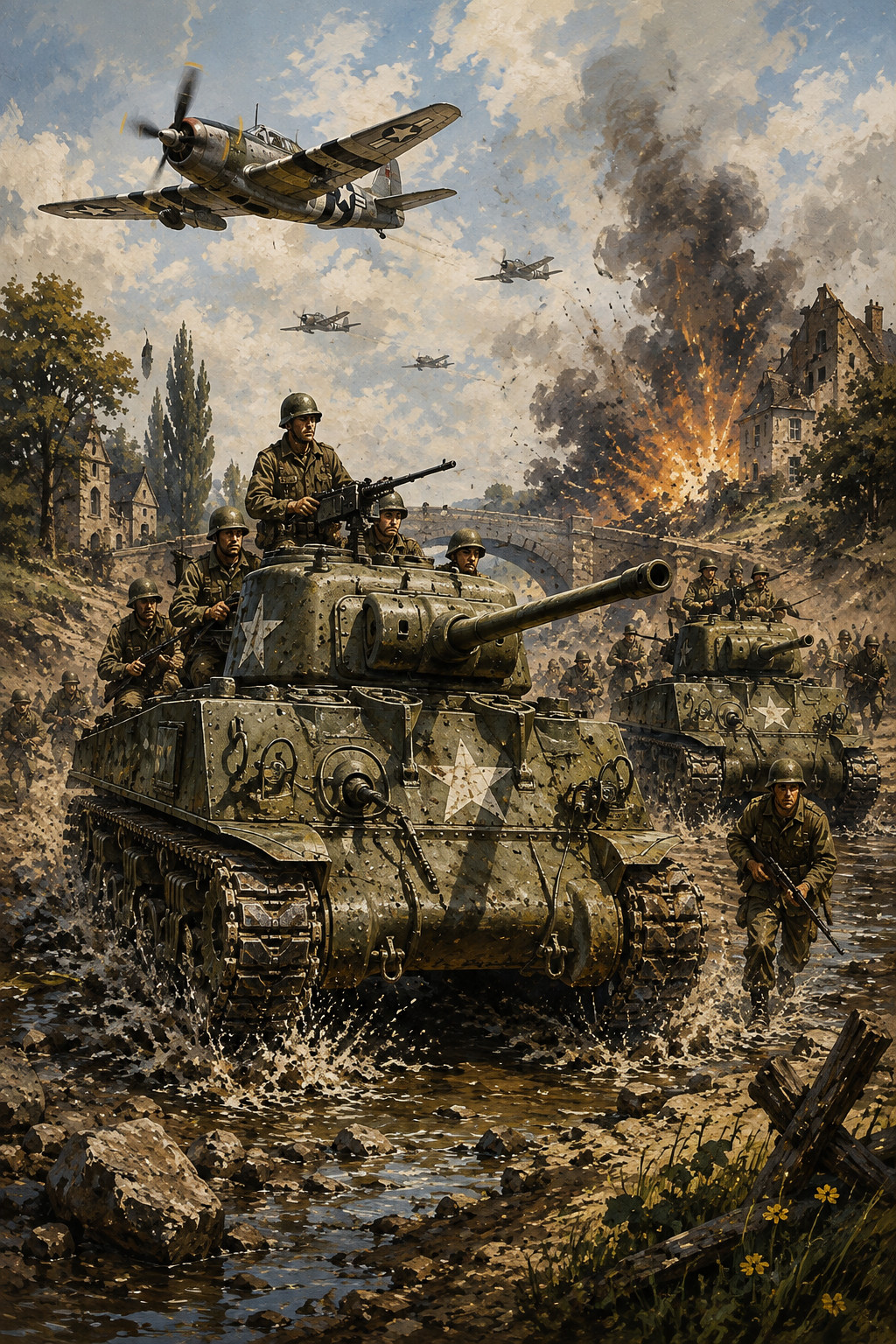 WWII Allied Sherman Tank Battle Poster Military Armor Art Print 13x19
