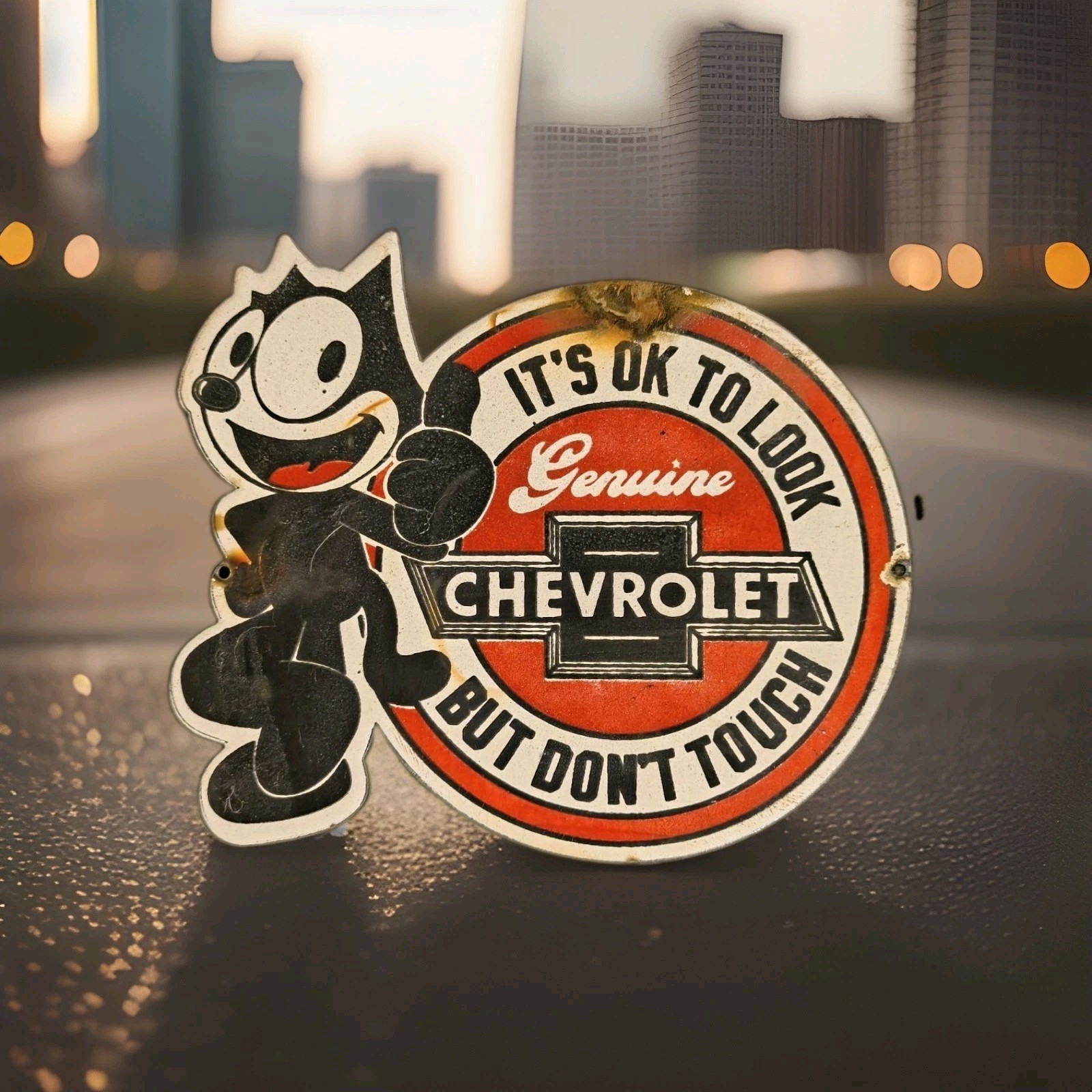 Vintage Chevrolet Porcelain Sign Felix The Cat Super Service Auto Dealer Gas Oil