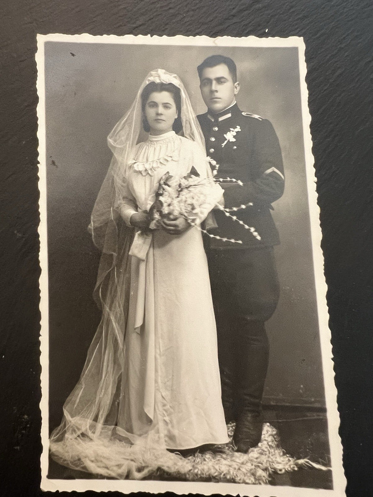 Vintage 1941 WW2 Era Bulgarian Military Wedding Photo Postcard 