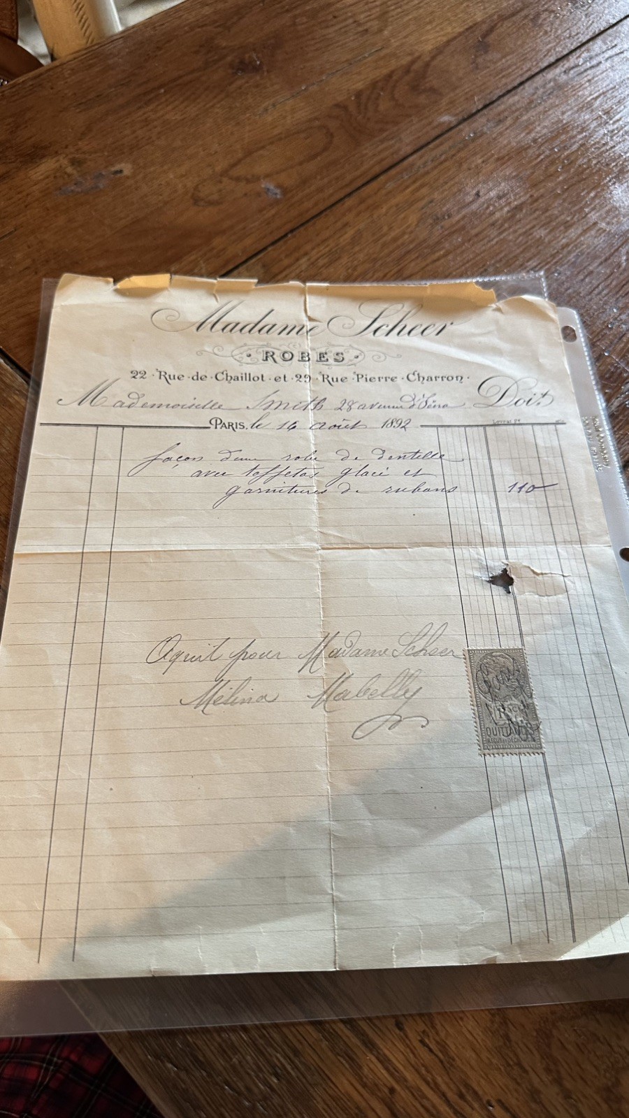 antique1892 dressmaker\'s bill/receipt  Paris, France,by \