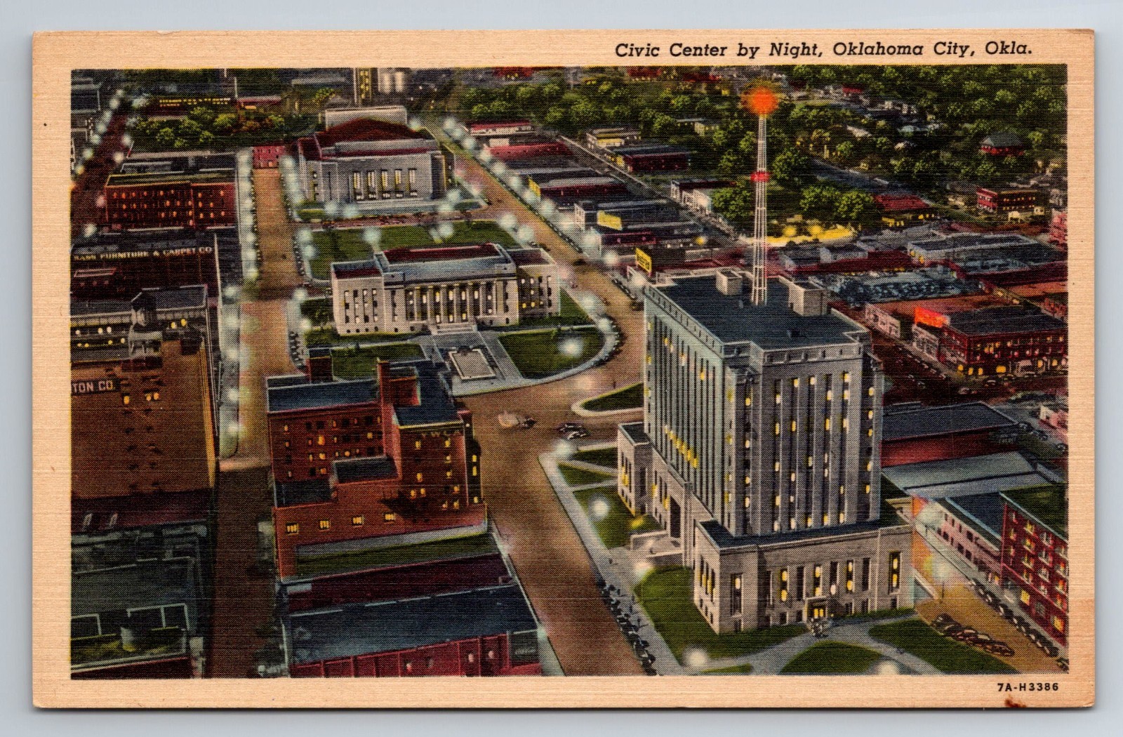 OK, Oklahoma City, Civic Center, Night View, Aerial View, Vintage Postcard
