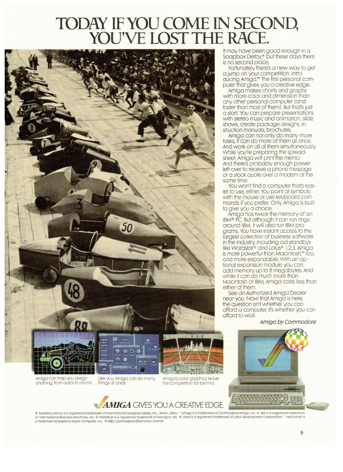 1985 Amiga Commodore Computer Soap Box Derby Vintage Print Advertisement