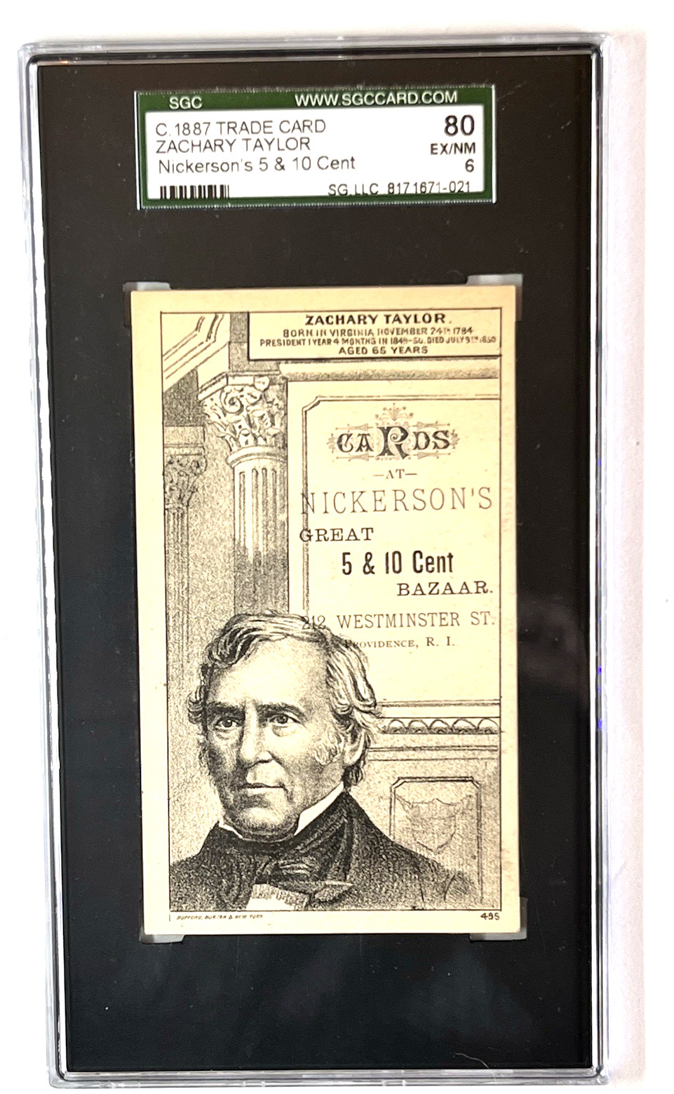 1887 Zachary Taylor President Victorian Trade Card SGC 6 Bufford Providence RI