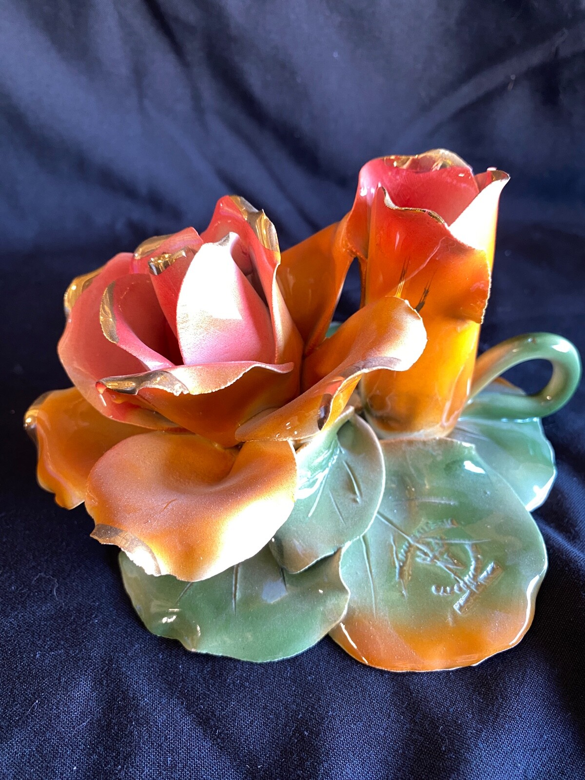 VTG Italy Capodimonte Flower Candlestick Holder Pink Orange Roses Gold detailing