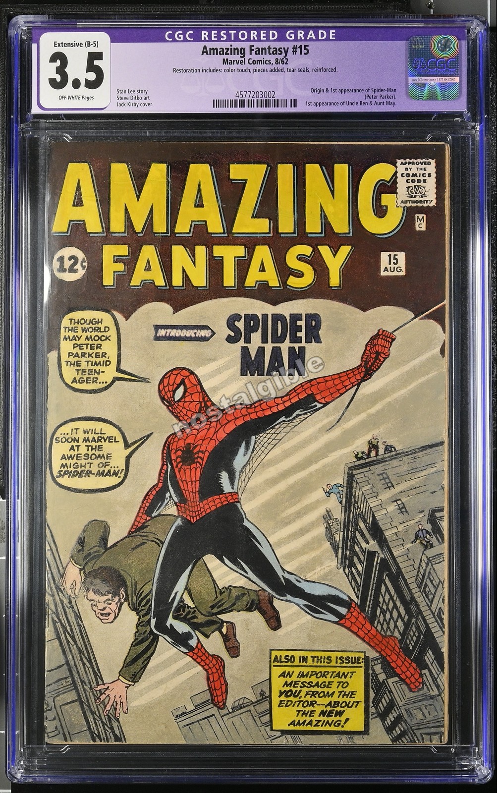 1962 Amazing Fantasy 15 CGC 3.5 Restored 1st Spider-Man Marvel