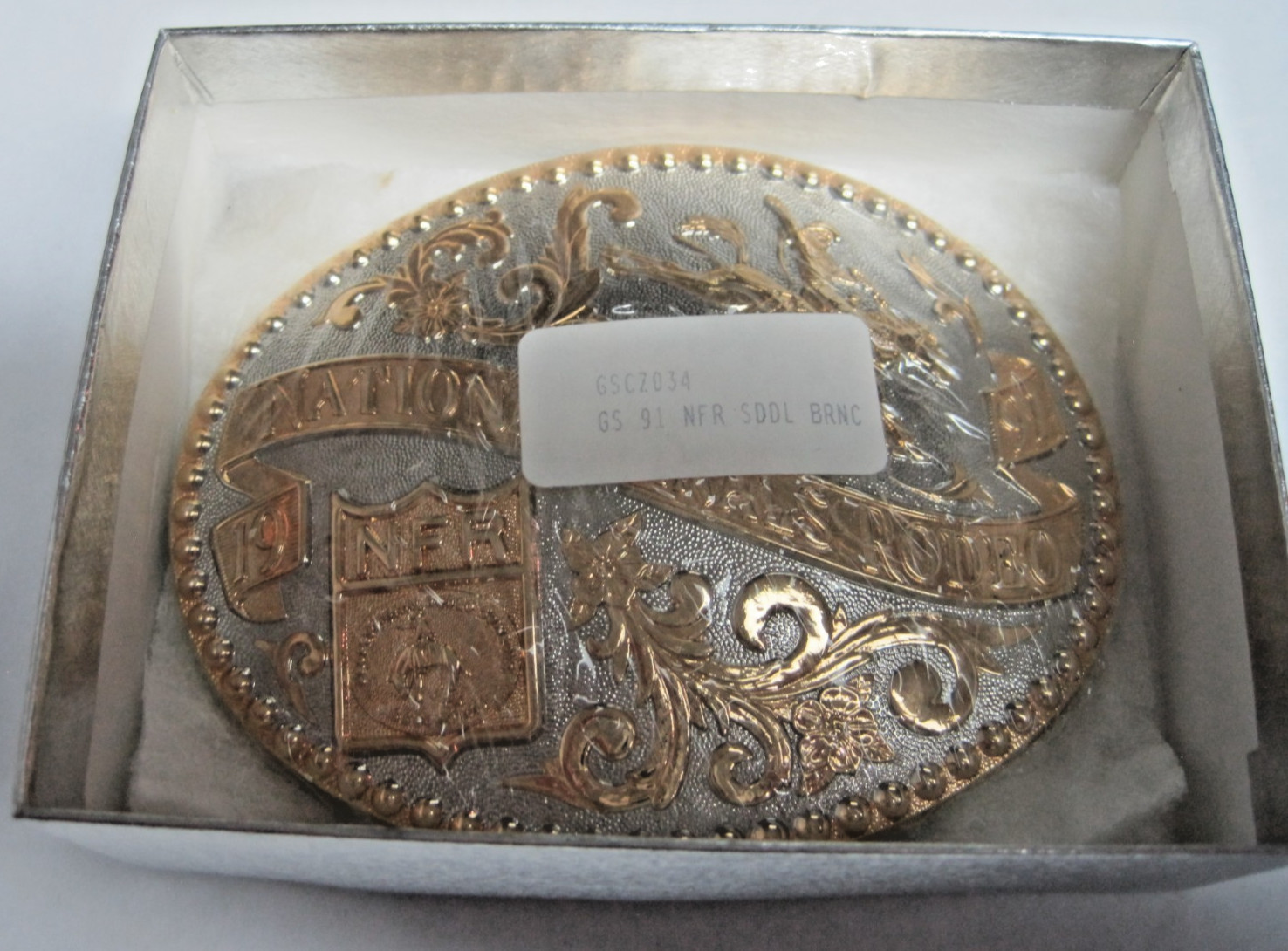 NFR 1991 GOLD & SILVER National Finals Rodeo Buckle in shrinkwrap & box