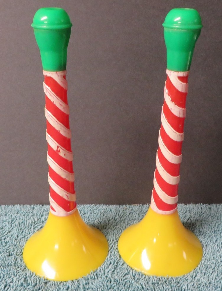 Spec Toy Christmas Trumpet Noise Maker Pair Candy Cane Green Yellow Red 1950\'s