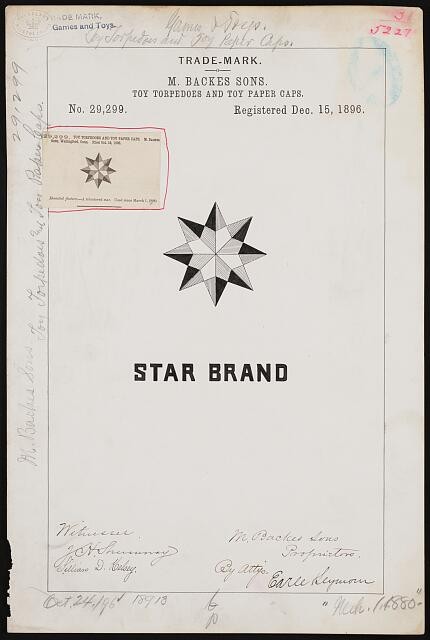 1896 Trademark Registration M. Backes Sons Star Brand Toy Torpedoes Caps