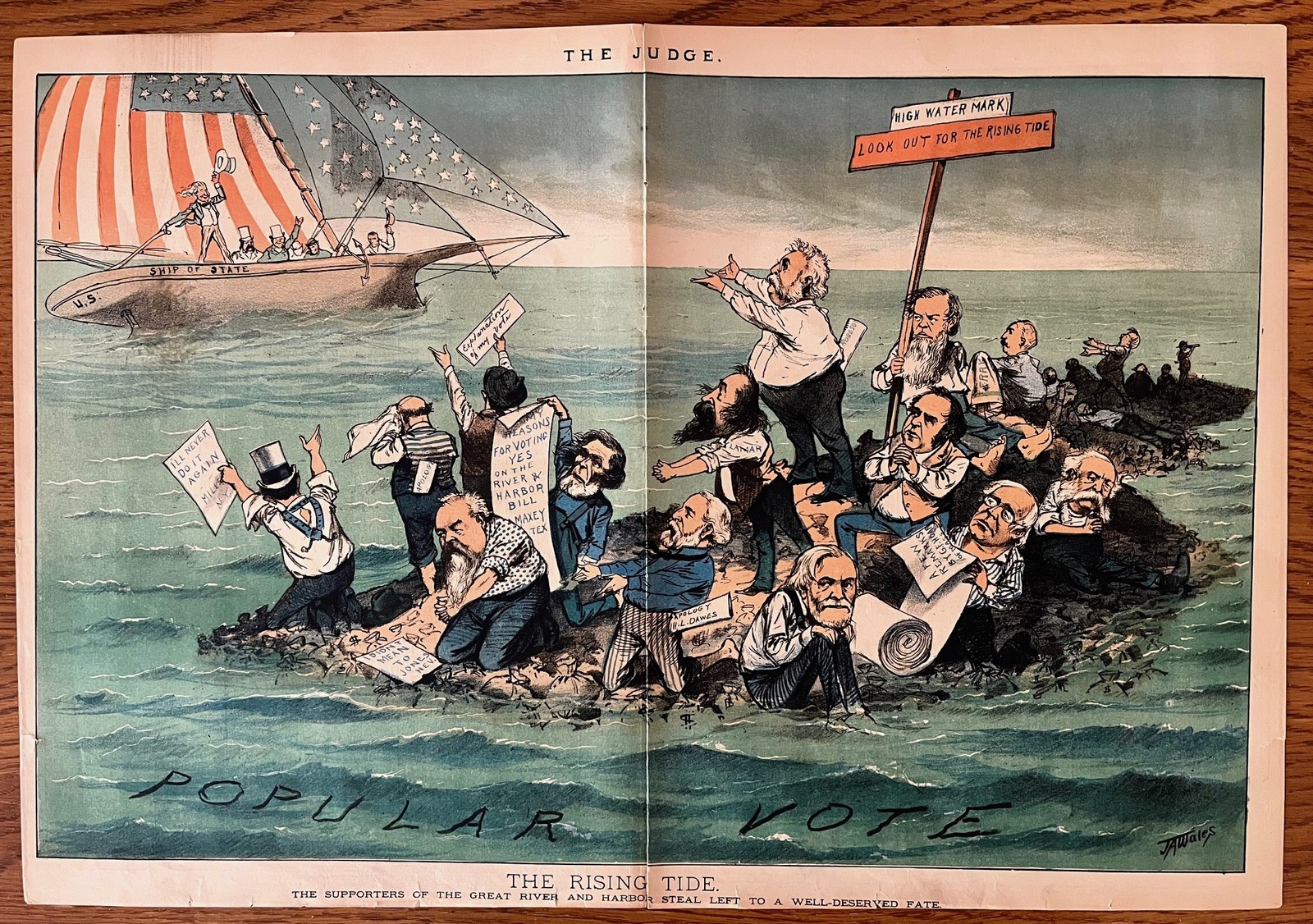 RARE THE JUDGE MAGAZINE CARTOON - THE RISING TIDE - CENTERFOLD - POLITICAL