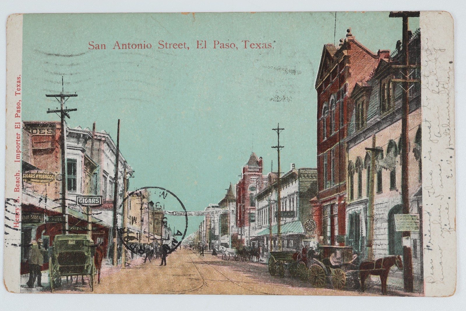 Vintage 1907 Postcard San Antonio Street El Paso Texas Tarjeta Postal Flag