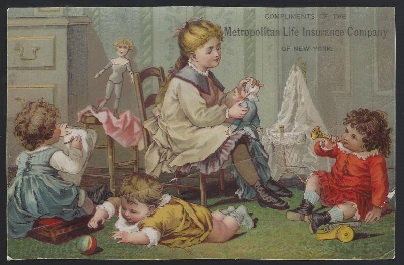 Metropolitan Life Insurance Children Playing Dolls Toys Victorian Trade Card