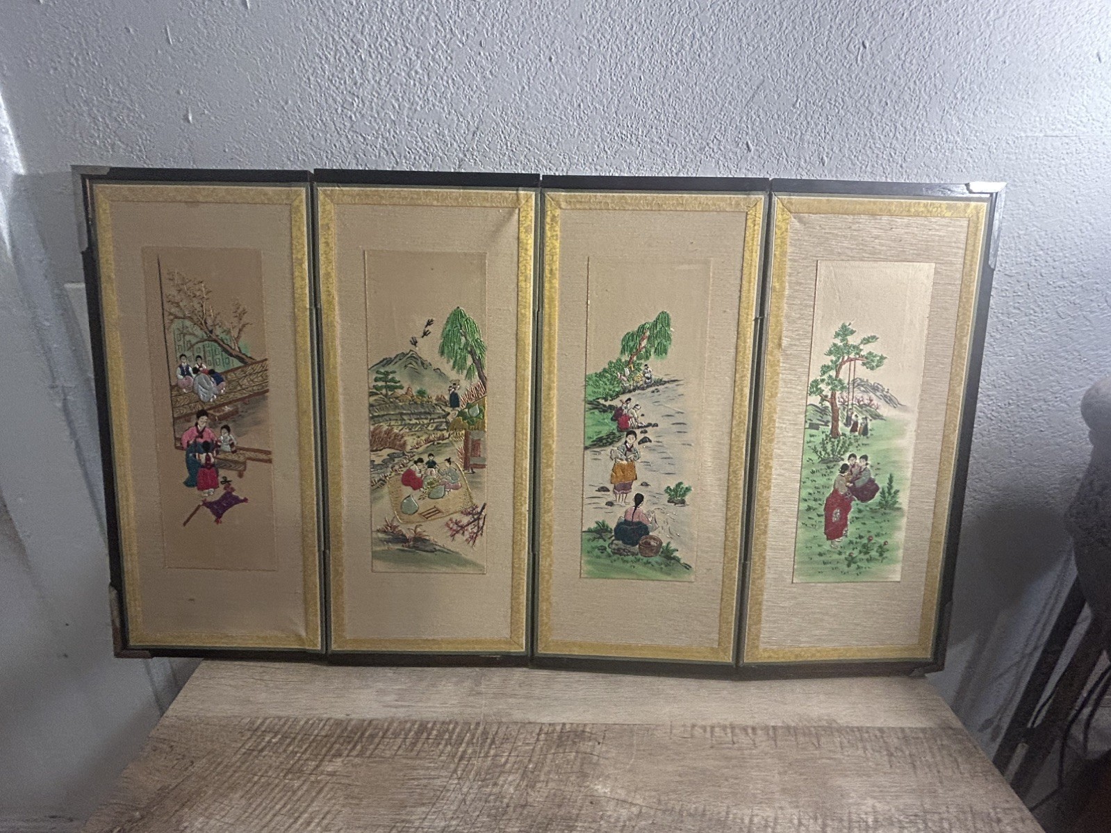 Vintage Korean  4 Panel Embroidered Tabletop Folding Screen 