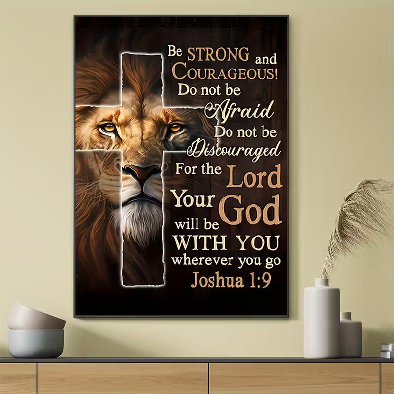 Christian Lion Canvas Wall Art Joshua 1:9 Bible Verse Print Religious Painting