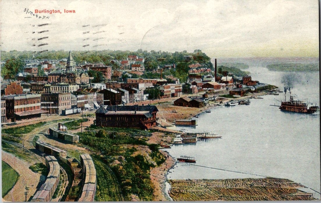 Vintage Postcard Burlington IA Iowa Freight Trains - Docks - Boats - 1908 (A2)