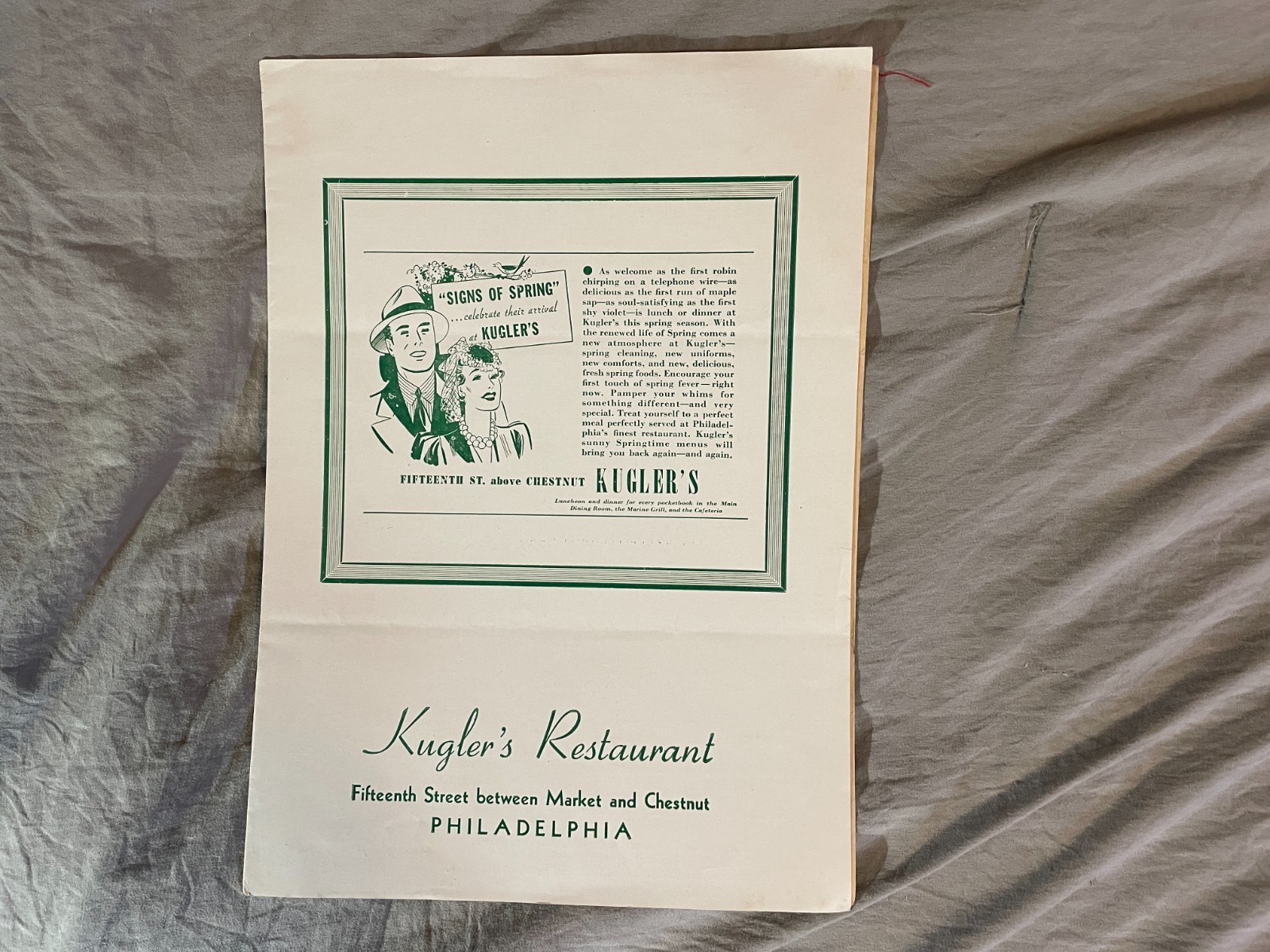 Kugler\'s Restaurant Menu Philadelphia Pennsylvania PA 1940\'s 1950\'s Vintage