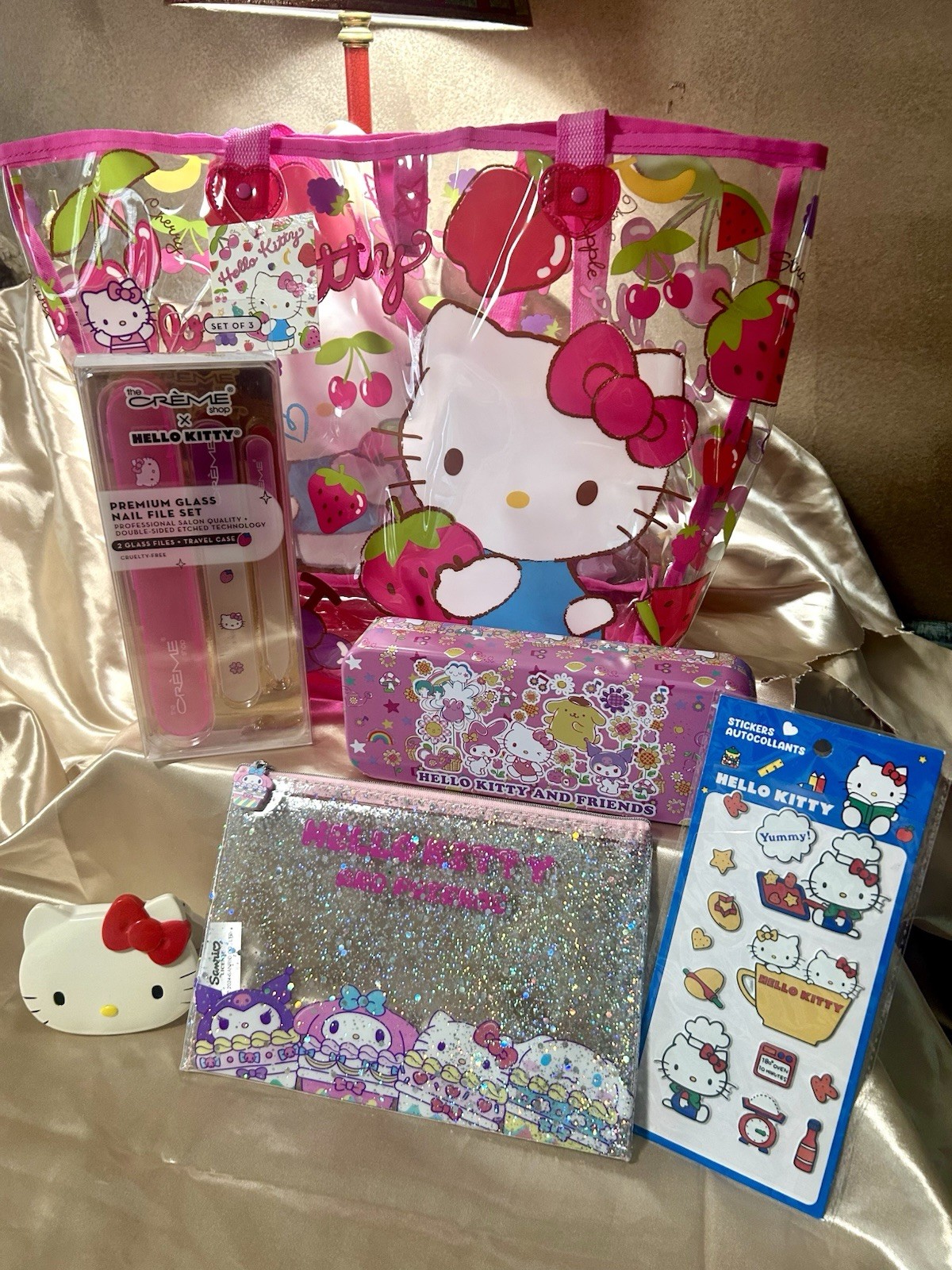 Hello Kitty Sanrio Kawaii Lot Clear Fruit Tote Vintage 1989 Mirror Tin