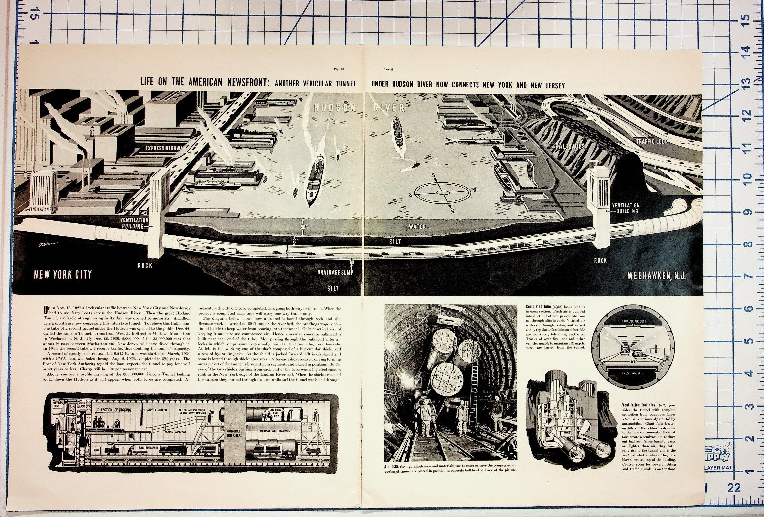 Vintage 1937 Lincoln Tunnel Hudson River NYC NJ Magazine Print Article Map