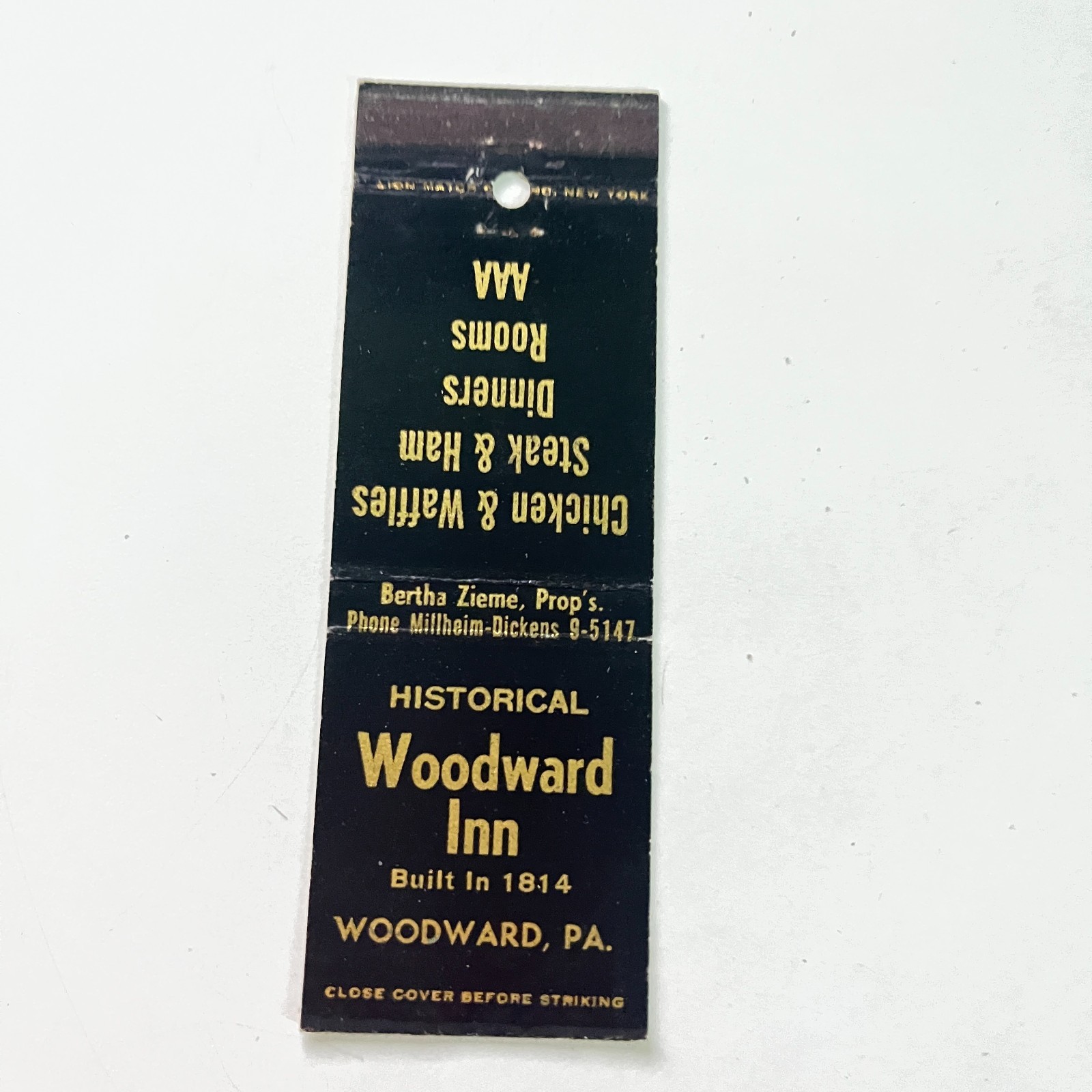 Historical Woodward Inn Built 1814 Woodward PA Vintage Matchbook Cover 4MB110-2