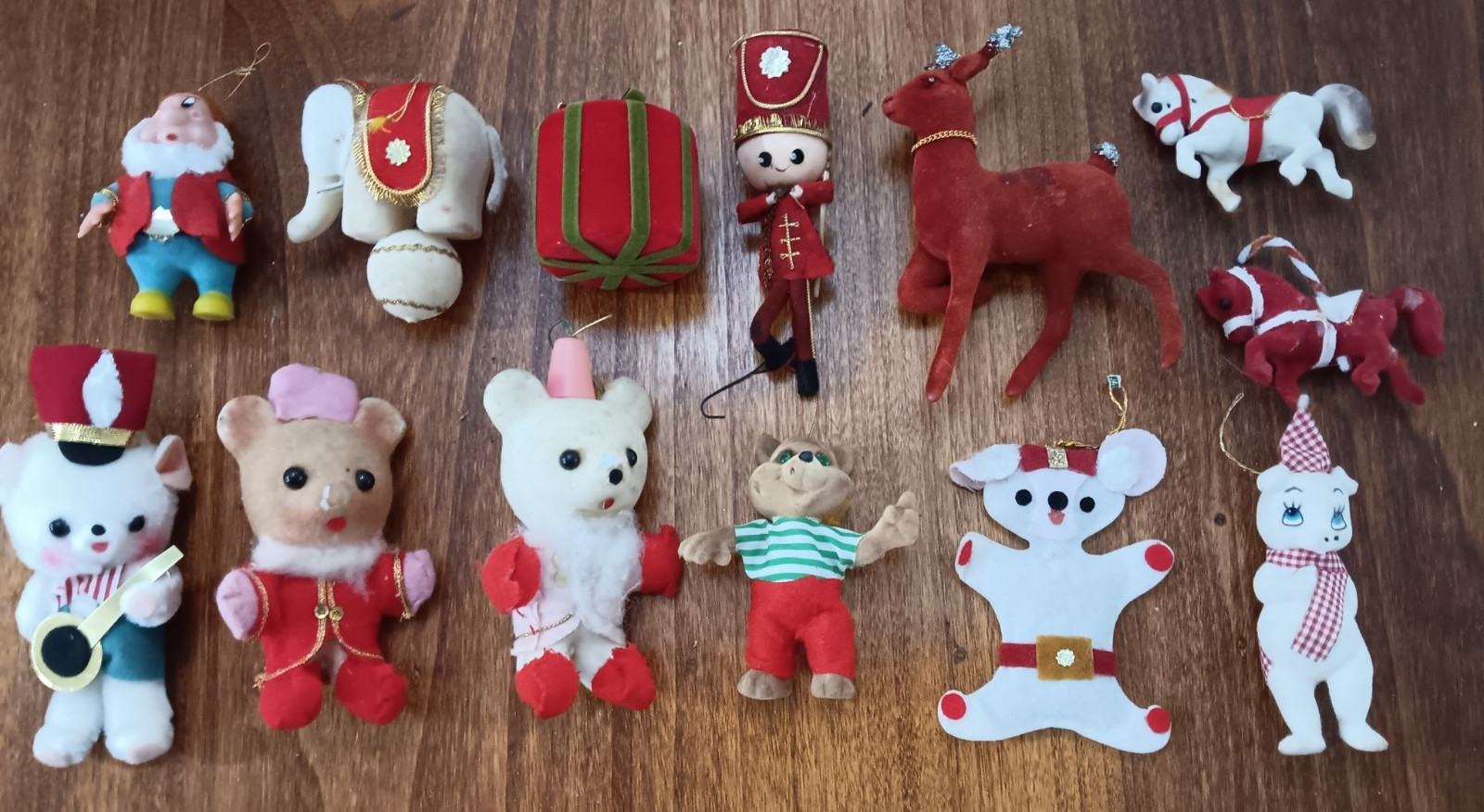 13 Vtg Flocked Ornaments Deer Bear Horse Pig Disney Dwarf Elephant Drum - Japan
