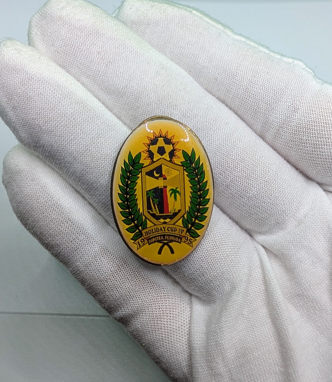 Vintage 1995 Holiday Cup IV Jupiter Florida Soccer Enamel Lapel Pin