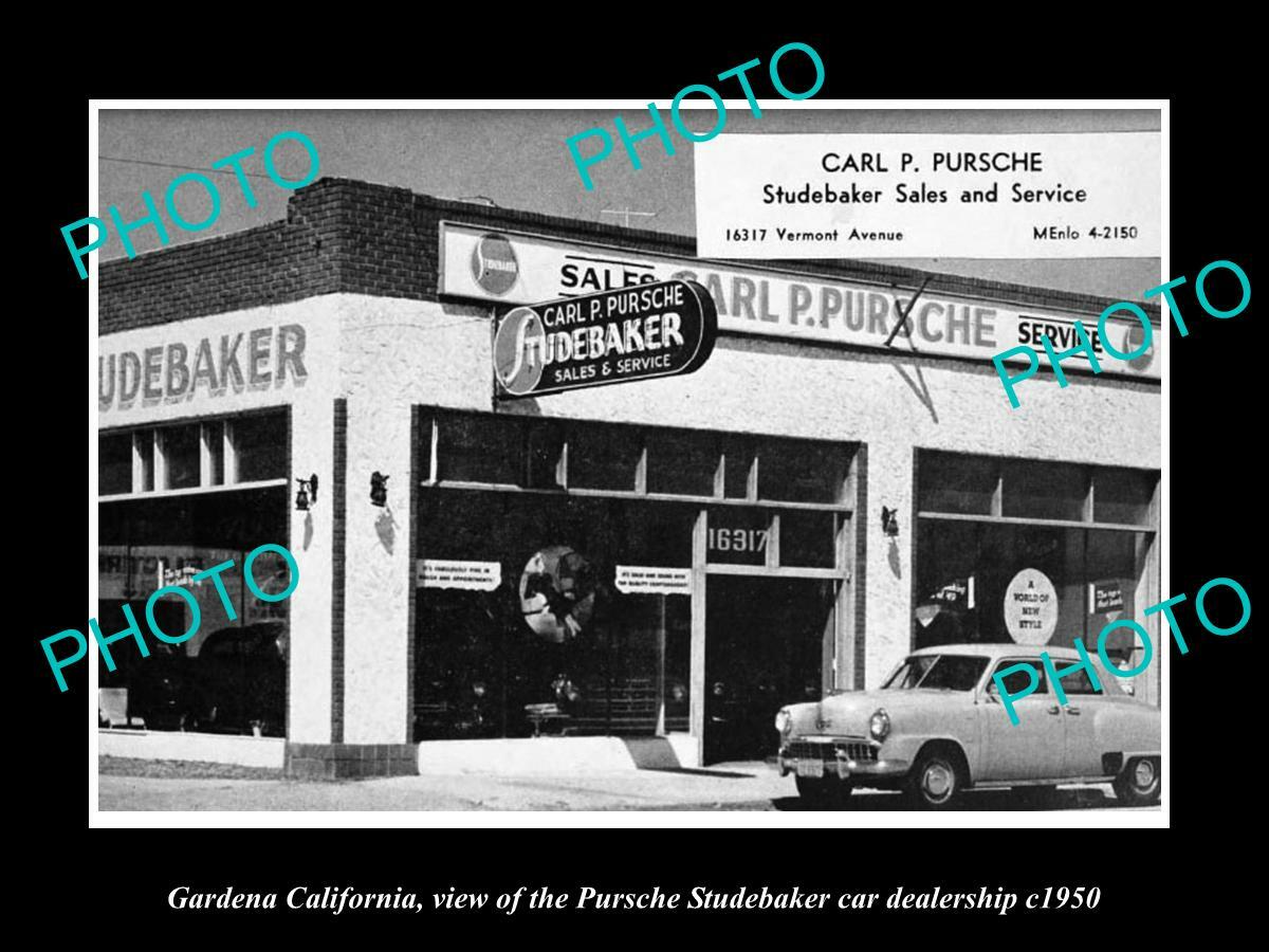 OLD POSTCARD SIZE PHOTO OF GARDENA CALIFORNIA STUDEBAKER CAR DEALERSHIP c1950