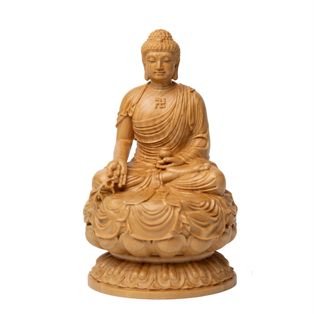 Antique-Style Hand-Carved Medicine Buddha Statue with Lotus Base Wooden Crafts