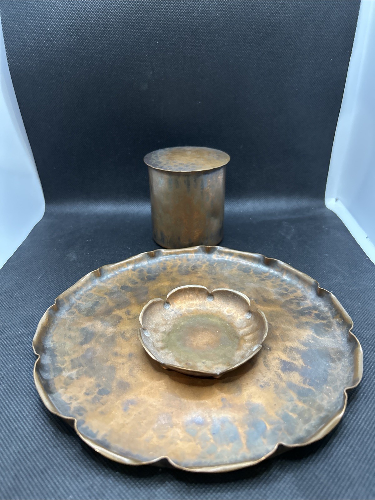 Vintage Hand-Hammered Copper 3-Piece Set – Scalloped Tray, Lidded Jar & Dish