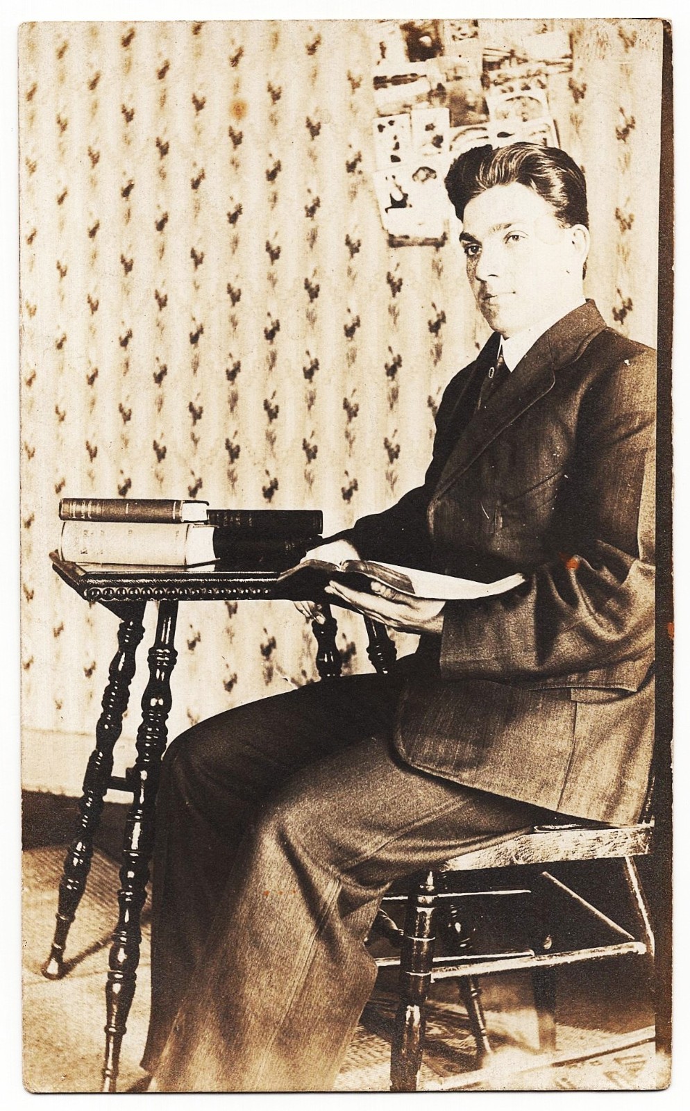 real photo Man Reading Books antique postcard RPPC