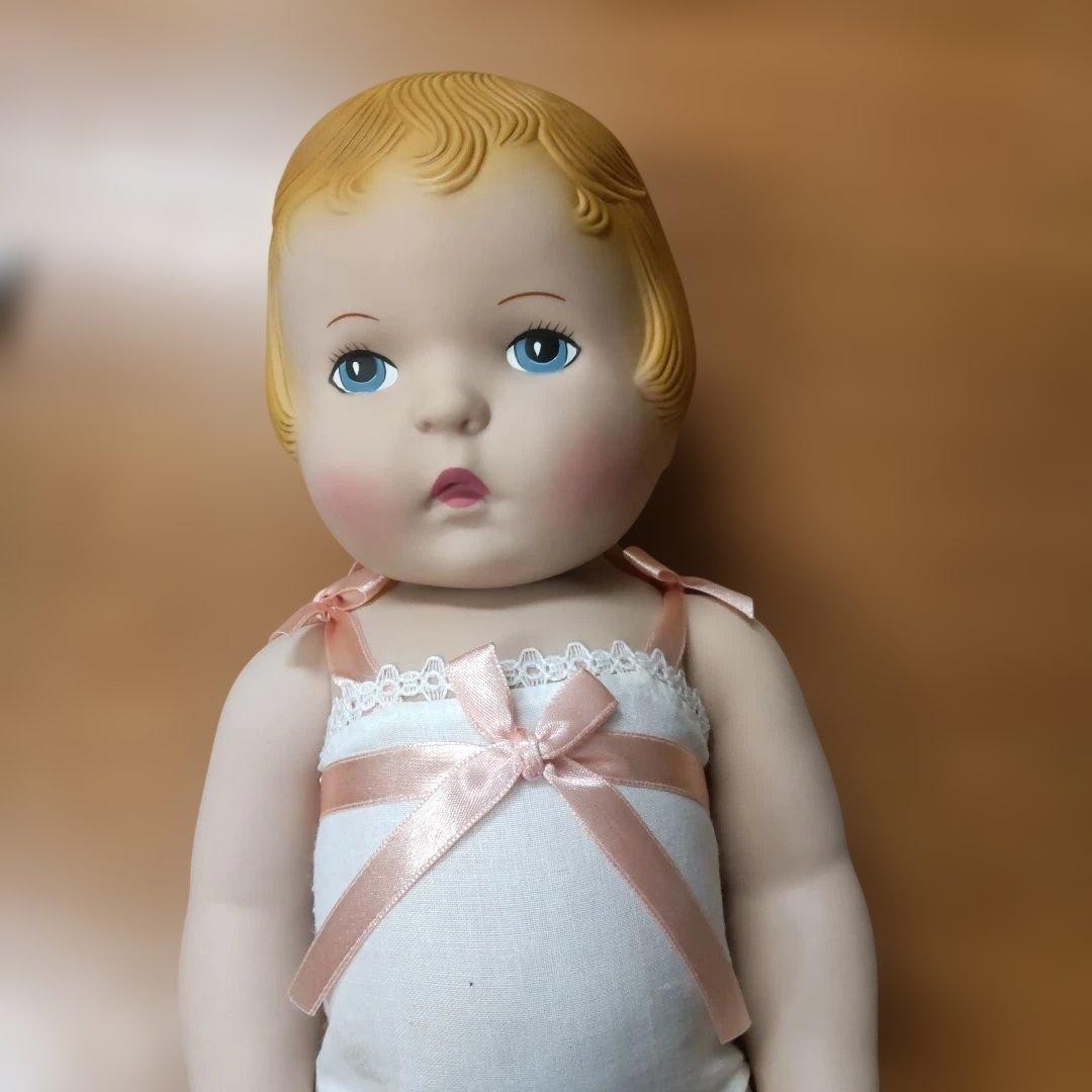 Vintage Baby Doll Blonde Hair Blue Eyes White Bodysuit 44cm