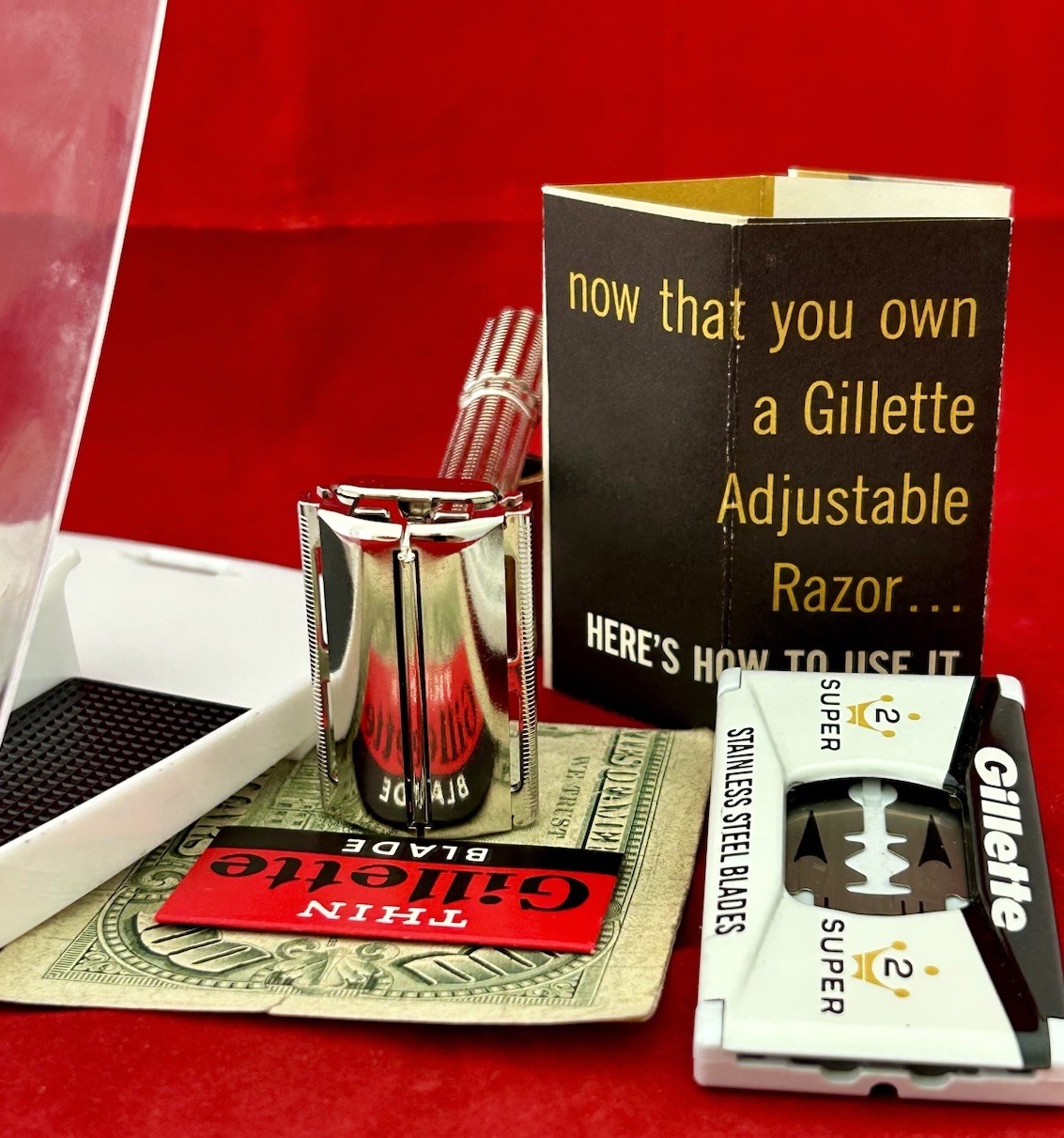 Vtg 1967 GILLETTE Slim Adjustable Razor Complete Kit, Kin 2 Fat Boy OUTSTANDING