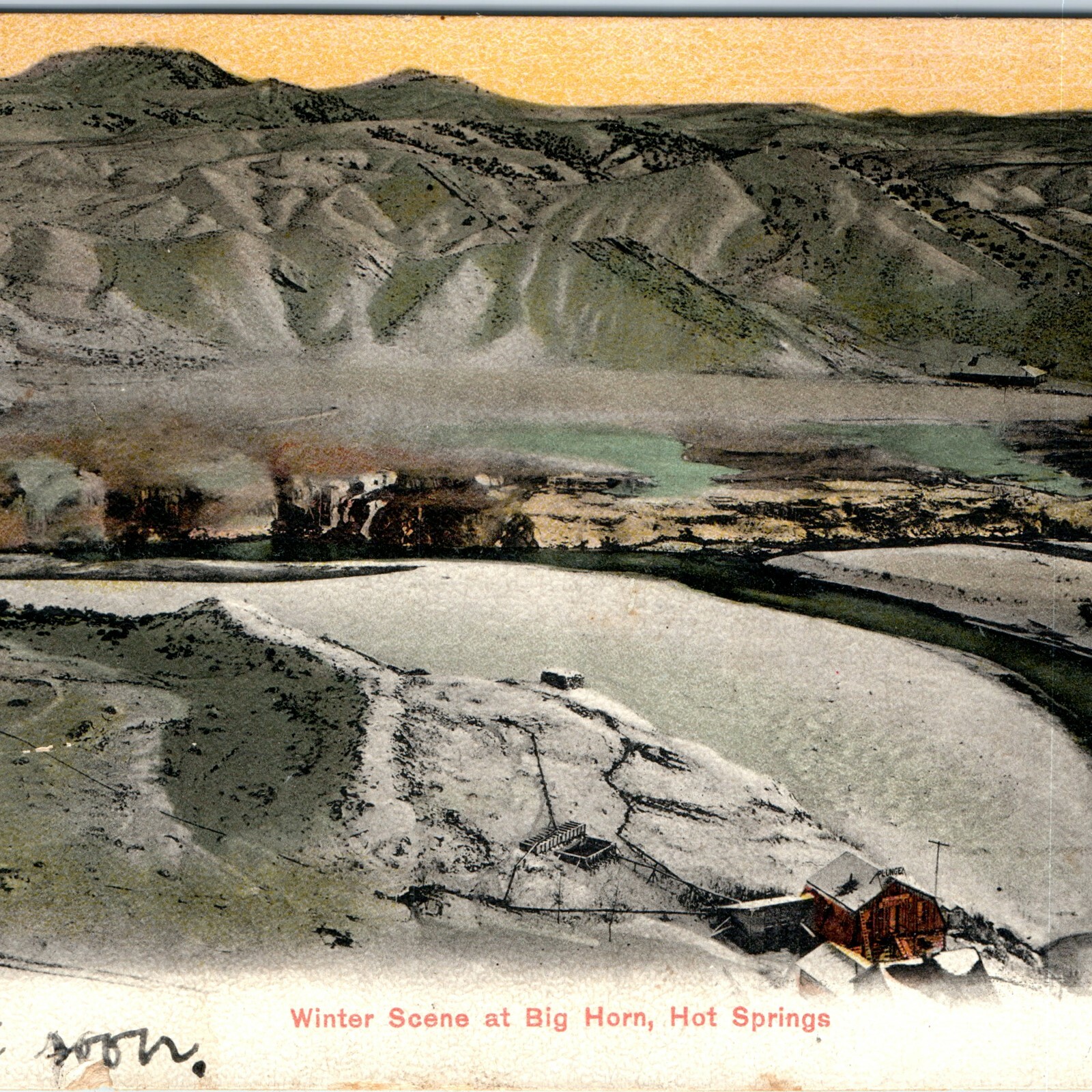 c1900s Big Horn River Hot Springs, WY Winter Scene Litho Postcard Thermopolis