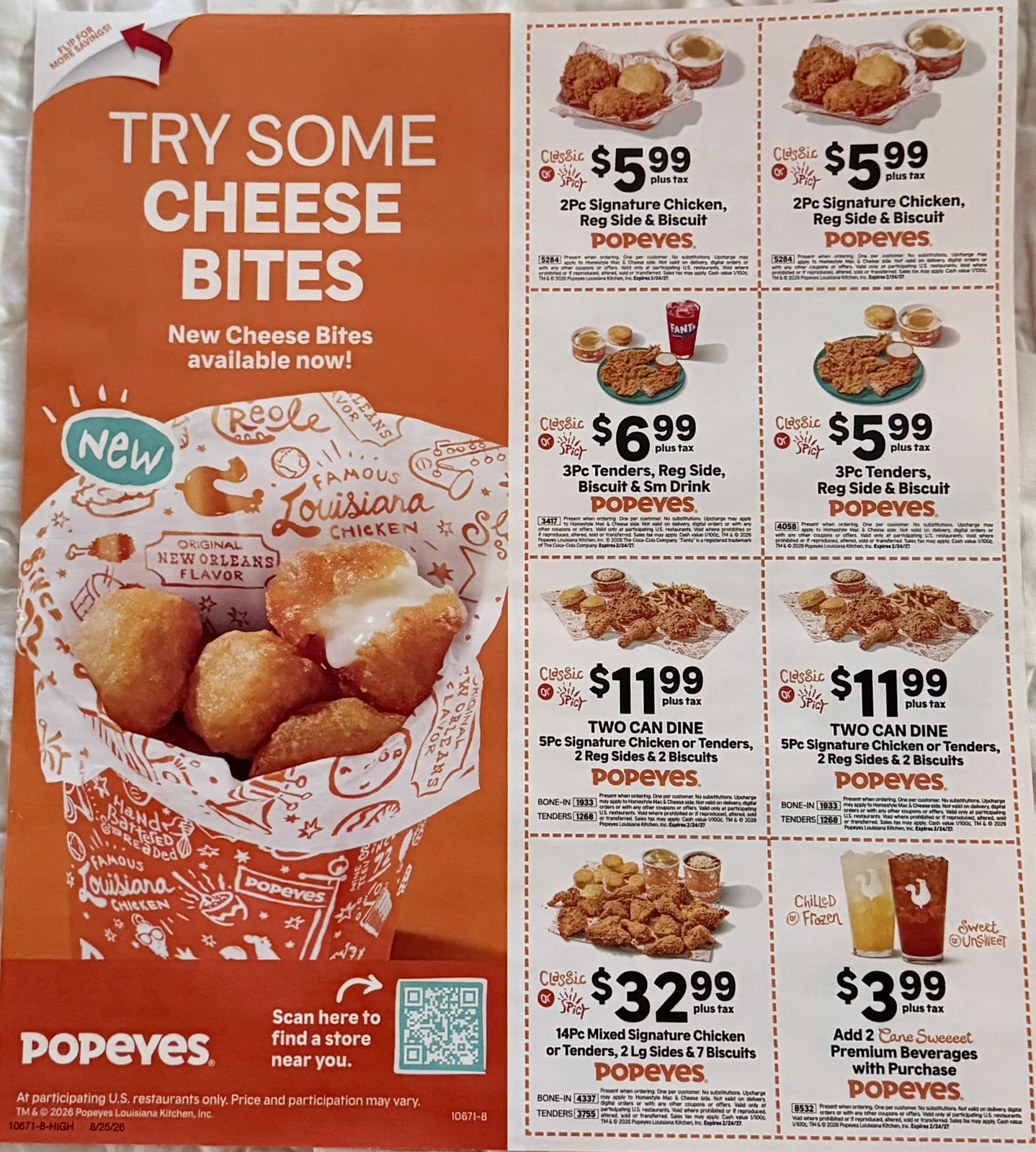 Popeyes Fast Food Discount Value Paper Coupons EXP 2/24/2027