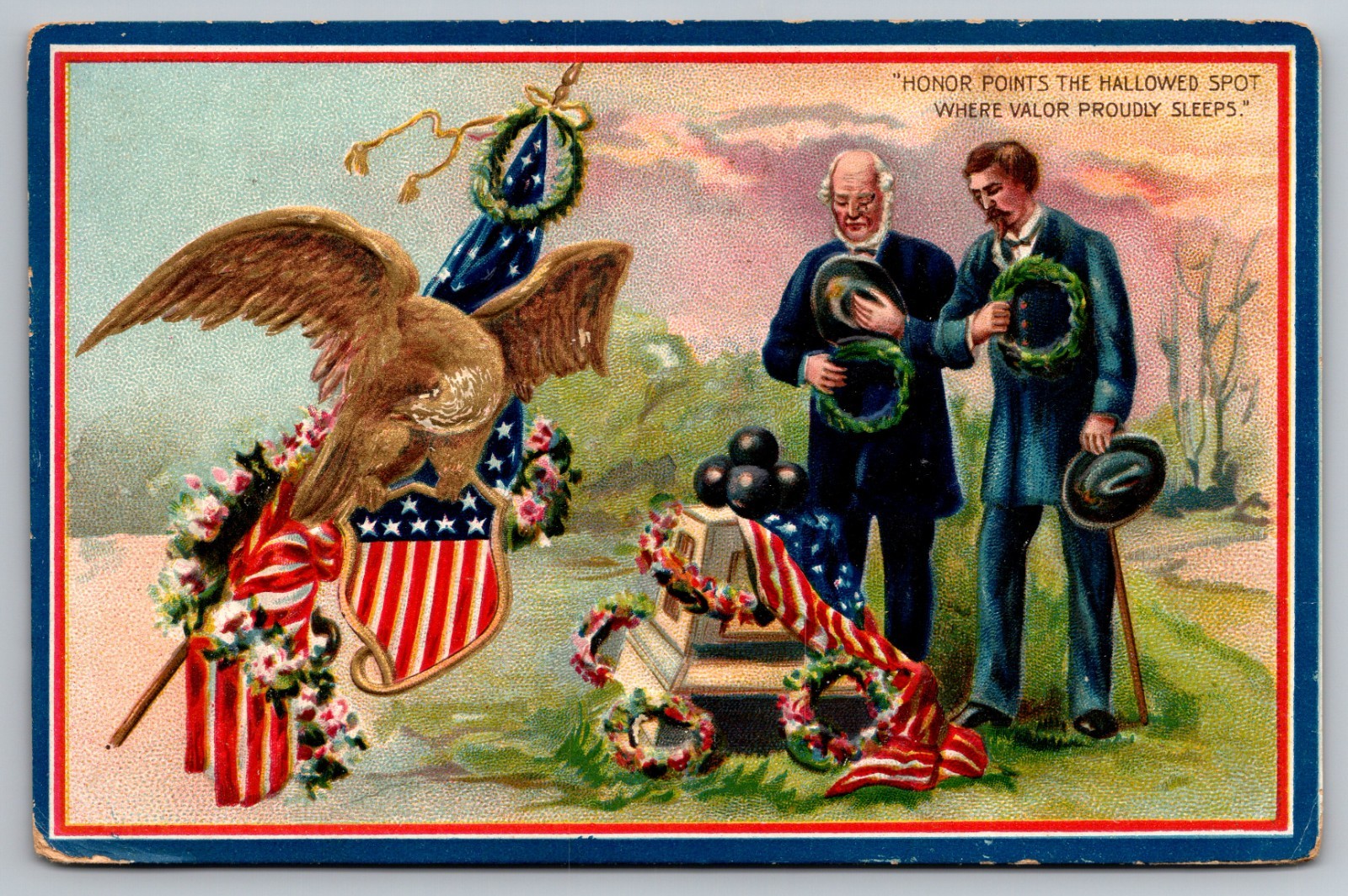 Memorial Day Postcard Honor Fallen At Grave Eagle Flag Raphael Tuck